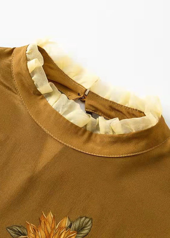 Brown Stand Collar Ruffled Pearl Patchwork Print Blouses Top Puff Sleeve