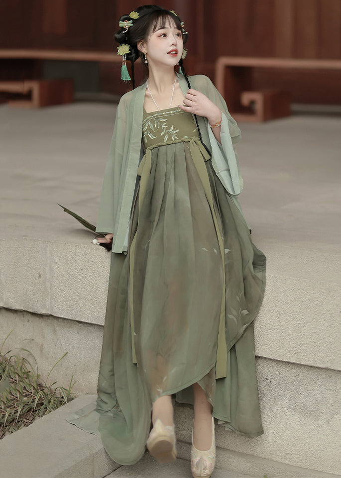 Green Embroideried Tops and Spaghetti Strap Dress Two Pieces Set Fall