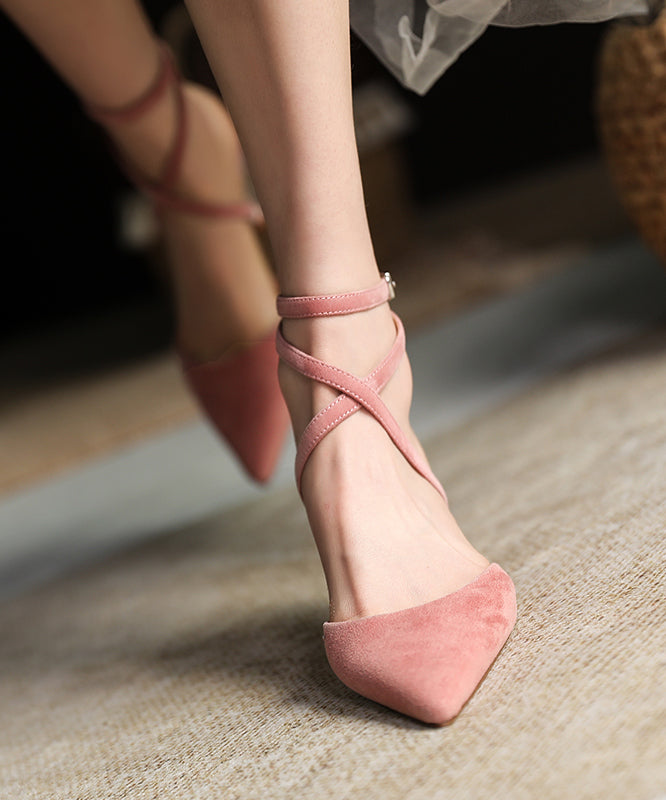 Pink High Heels Suede Pointed Toe Splicing Buckle Strap