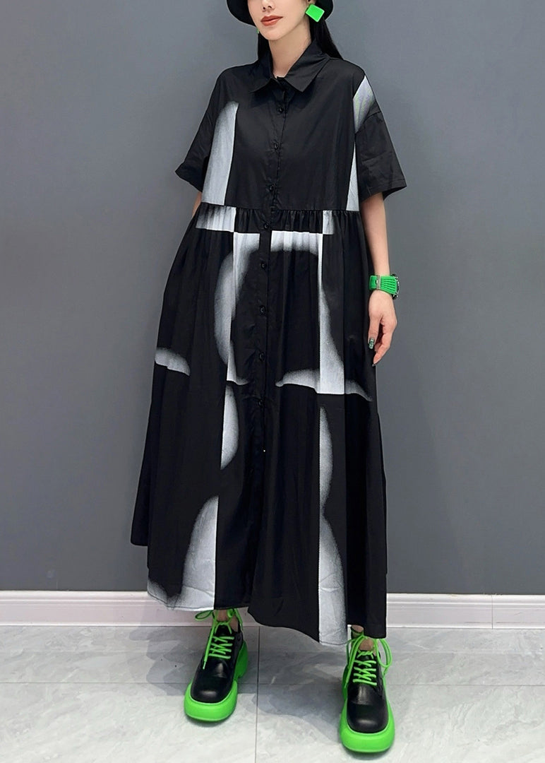 Black Peter Pan Collar Patchwork Long Shirts Dresses Summer