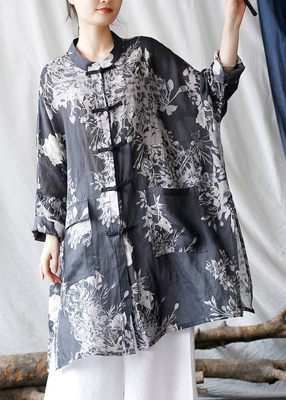 Black Oversized Print Linen Oriental Cardigan Spring