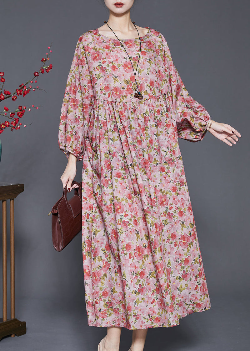 Red Oversized Print Linen Dresses Spring