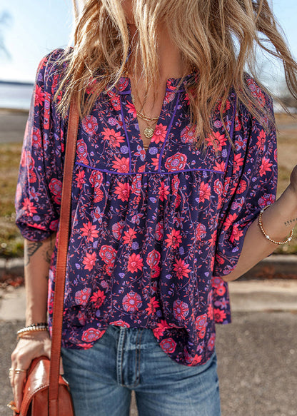 Purple O Neck Print Chiffon Top Summer