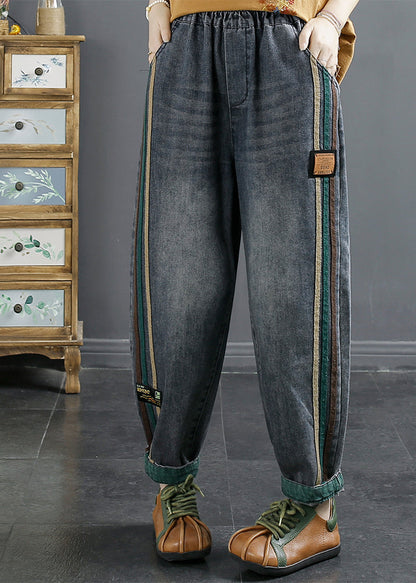 Blue Pockets Patchwork Denim Pants Fall