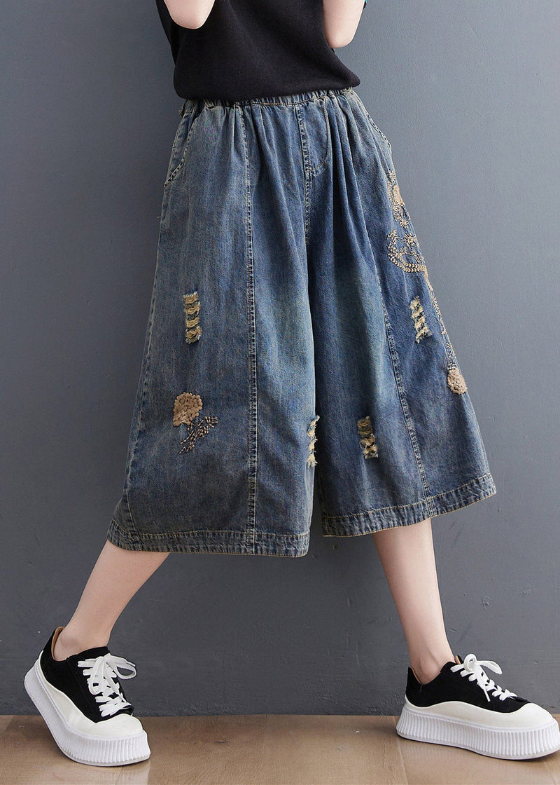 Blue Embroidered Hole Crop Jeans