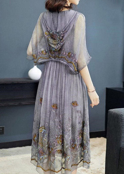 Grey Printing Neck Tie Take Two Pieces Hooded Maxi Dresses Summer