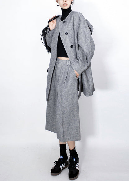 Fine Grey Button Coat and High?waist Crop Pants Woolen Two Pieces Set Fall