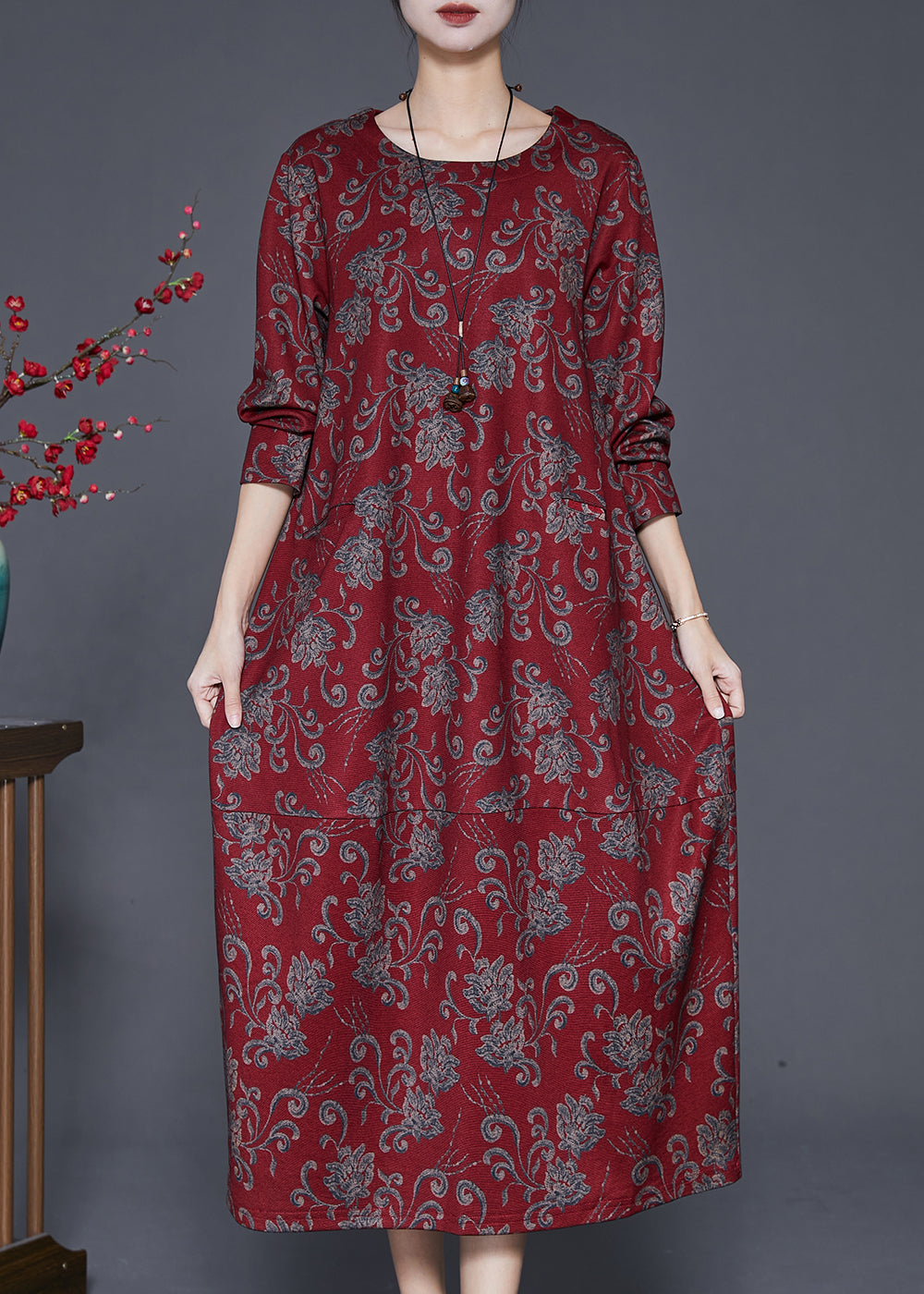 Red Print Cotton Long Dresses O-neck Oversized Fall