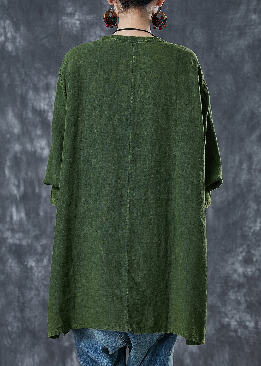 Green Print Linen Sweatshirts Top Oversized Fall