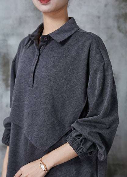 Grey Peter Pan Collar Patchwork Cotton Maxi Dresses Spring