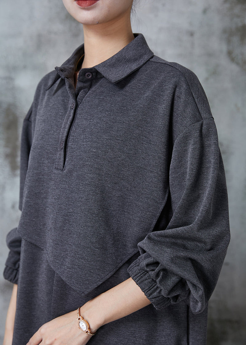 Grey Peter Pan Collar Patchwork Cotton Maxi Dresses Spring