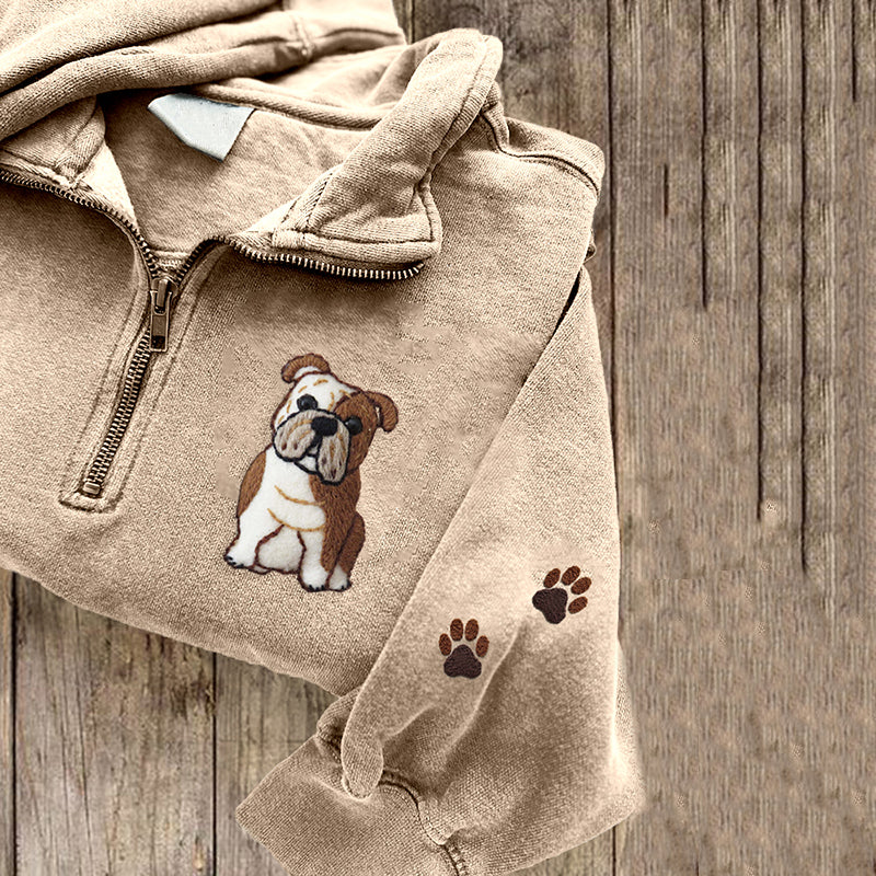 Comstylish Cute English Bulldog Applique Embroidery Art Zipper Sweatshirt