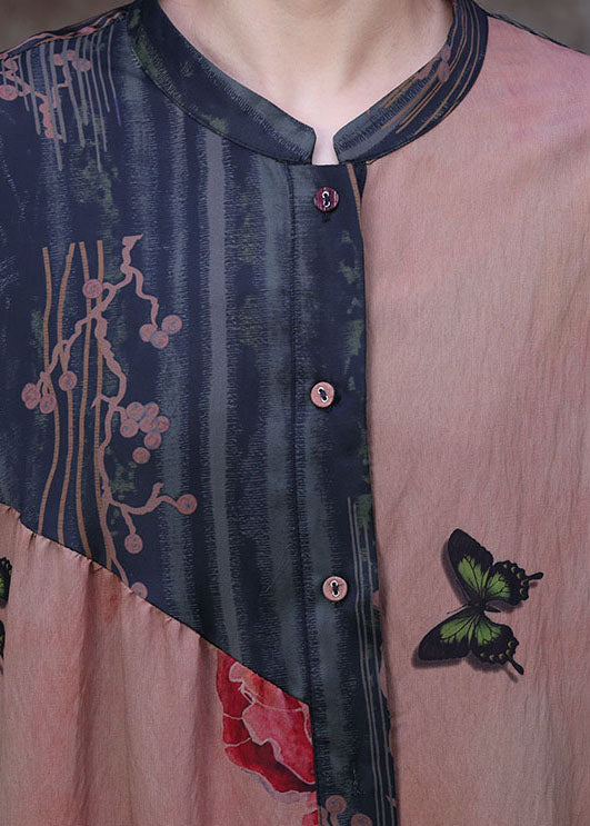 Colorblock Stand Collar Pockets Patchwork Silk Trench Coats Long Sleeve