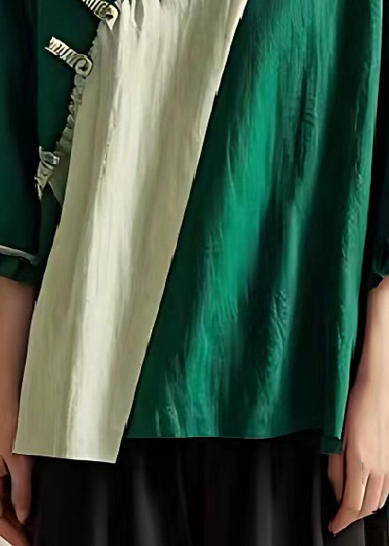 Green Oversized Patchwork Ruffled Linen Shirt Summer