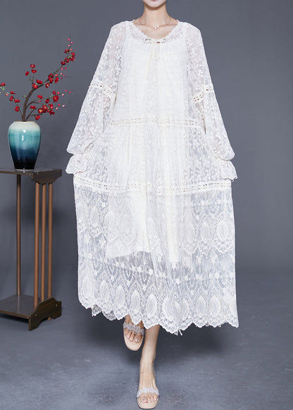 White Embroideried Patchwork Hollow Out Lace Maxi Dress Lantern Sleeve