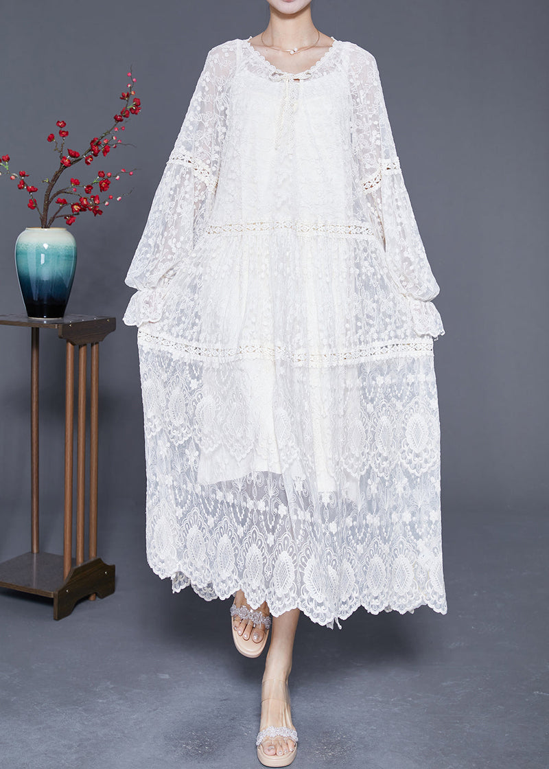 White Embroideried Patchwork Hollow Out Lace Maxi Dress Lantern Sleeve