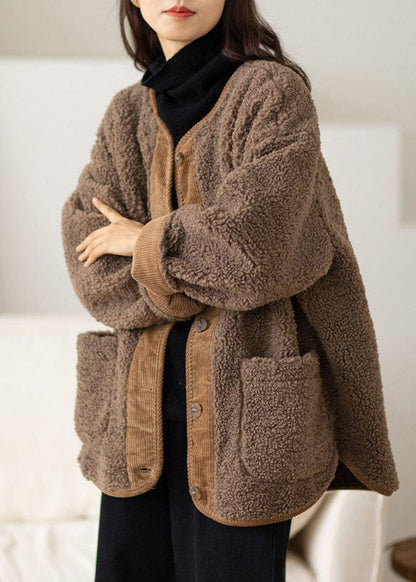 Coffee O-neck Pockets Button Warm Faux Fur Coats Long Sleeve