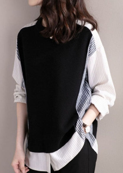 Black O-neck Striped Patchwork Shirt Fake Two Top Spring