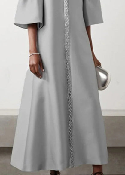 Grey O Neck Patchwork Cotton Long Dress Summer