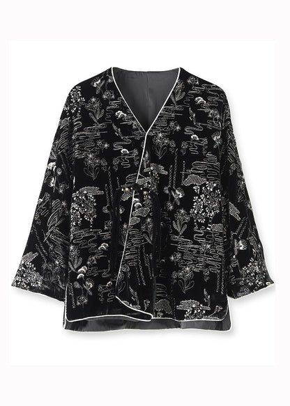Black V Neck Jacquard Patchwork Silk Velour Coats Fall