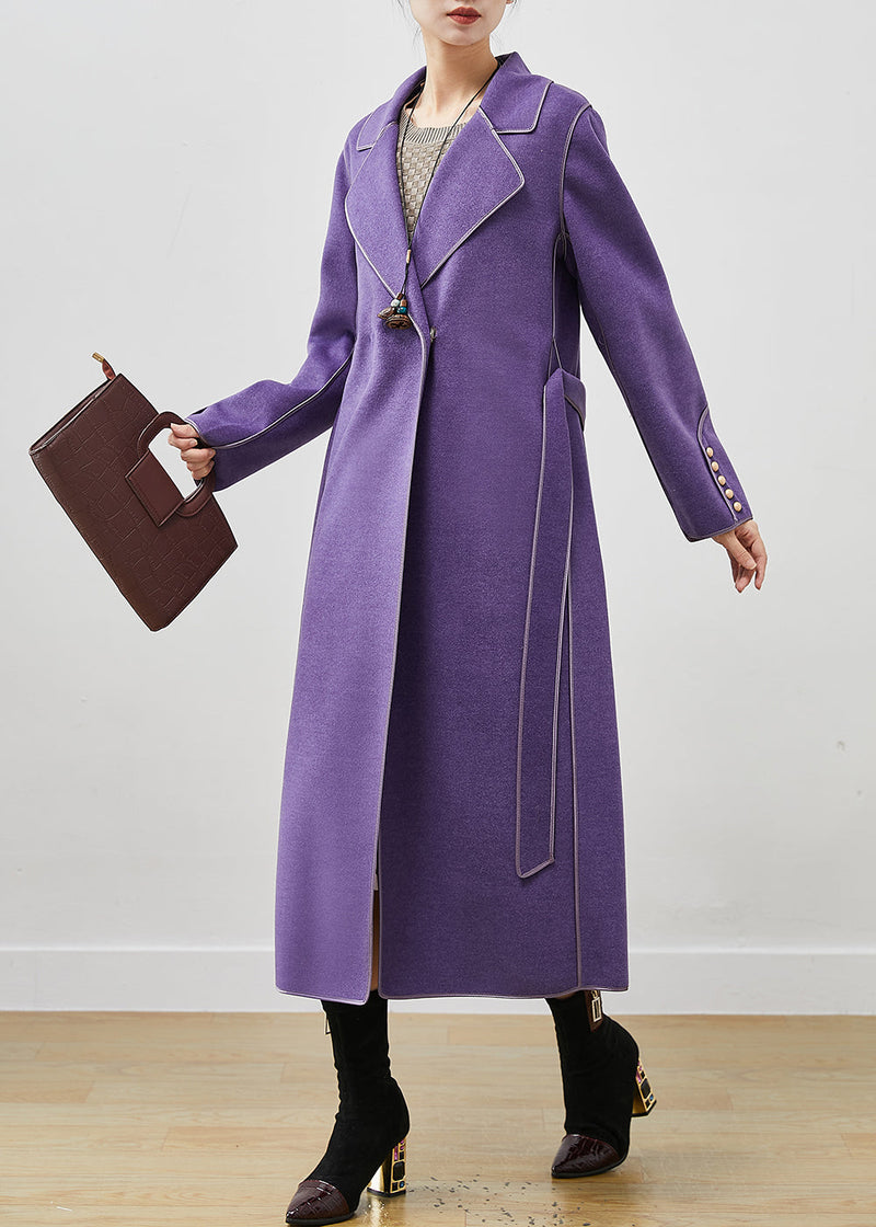 Purple Peter Pan Collar Tie Waist Woolen Coats Fall