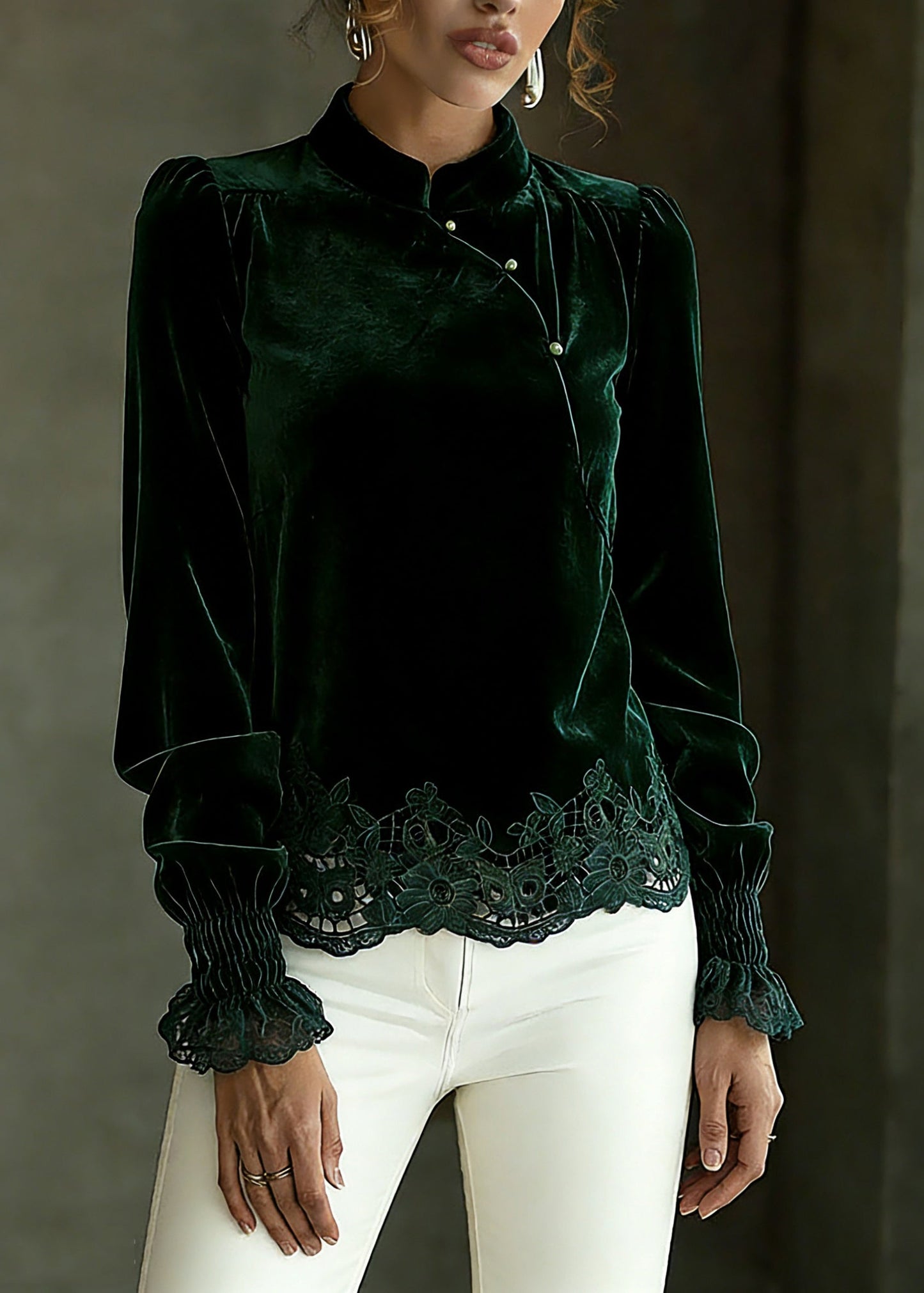 Blackish Green Hollow Out Shirts Lantern Sleeve Spring