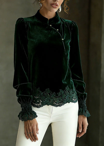 Blackish Green Hollow Out Shirts Lantern Sleeve Spring