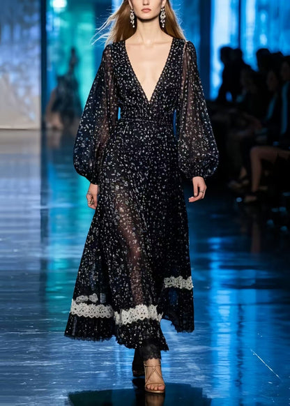 Black Print Patchwork Lace Chiffon Long Dresses Summer