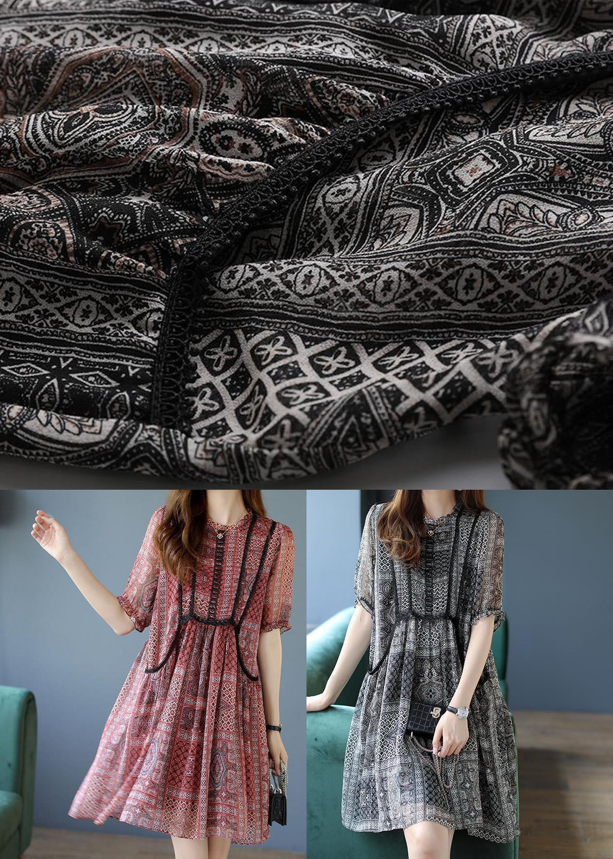 Red Patchwork Lace Chiffon a Line Dresses O-neck Summer