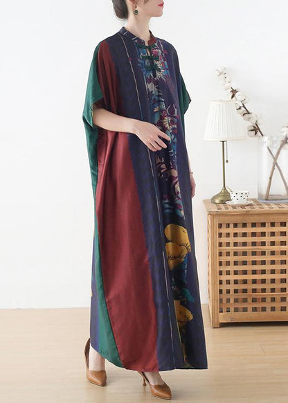 Red Purple Green Print Batwing Sleeve Mid Summer Chiffon Dress