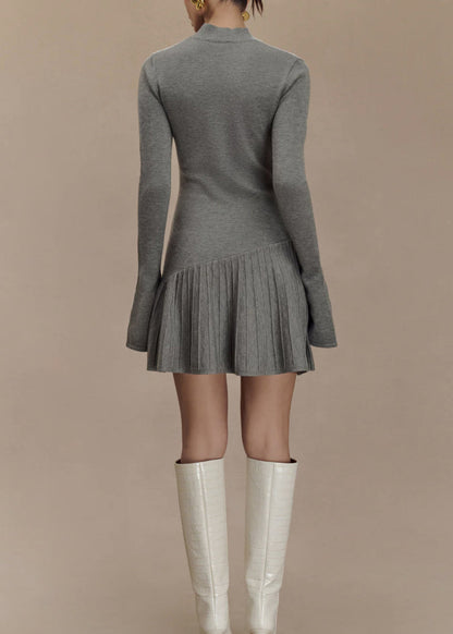 Grey Wrinkled Patchwork Knit Sweater Dress Winter