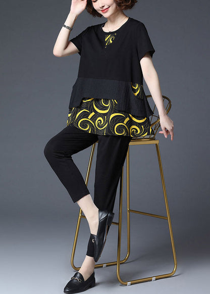 Yellow Print Asymmetrical Patchwork Cotton Tops and Crop Pants Two Piece Set Summer