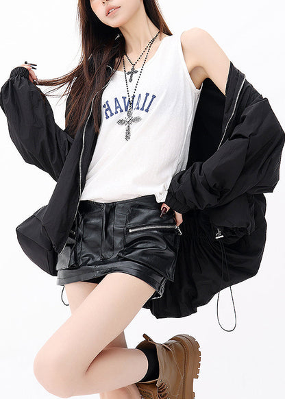 Black Ruffled Zip Up Drawstring Jacket Fall