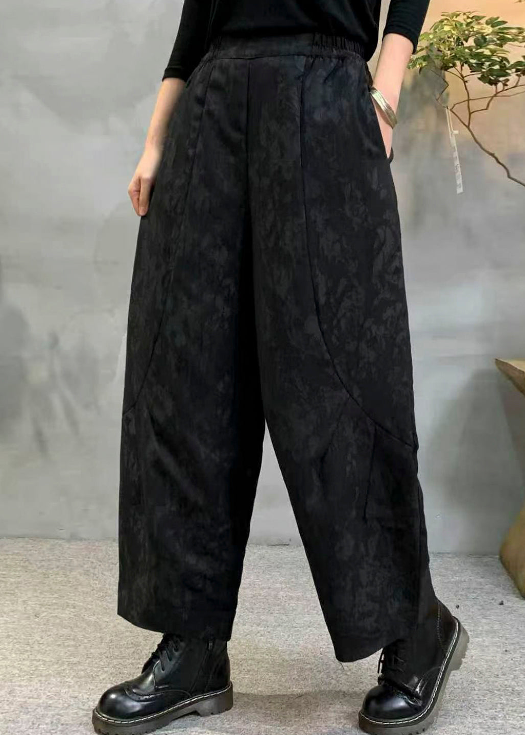Black Oversized Jacquard Fine Cotton Filled Harem Pants Winter
