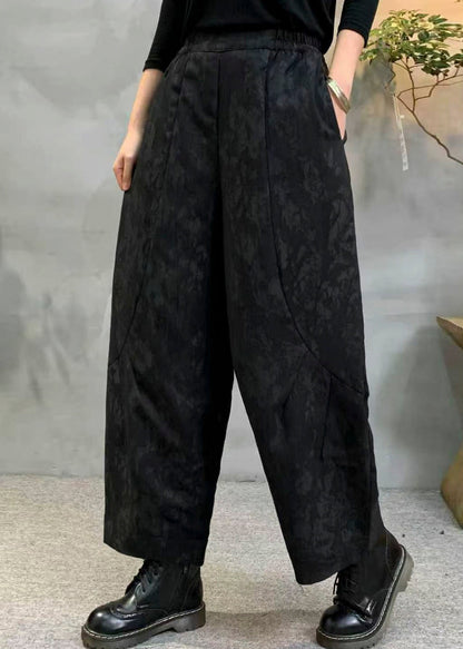 Black Oversized Jacquard Fine Cotton Filled Harem Pants Winter