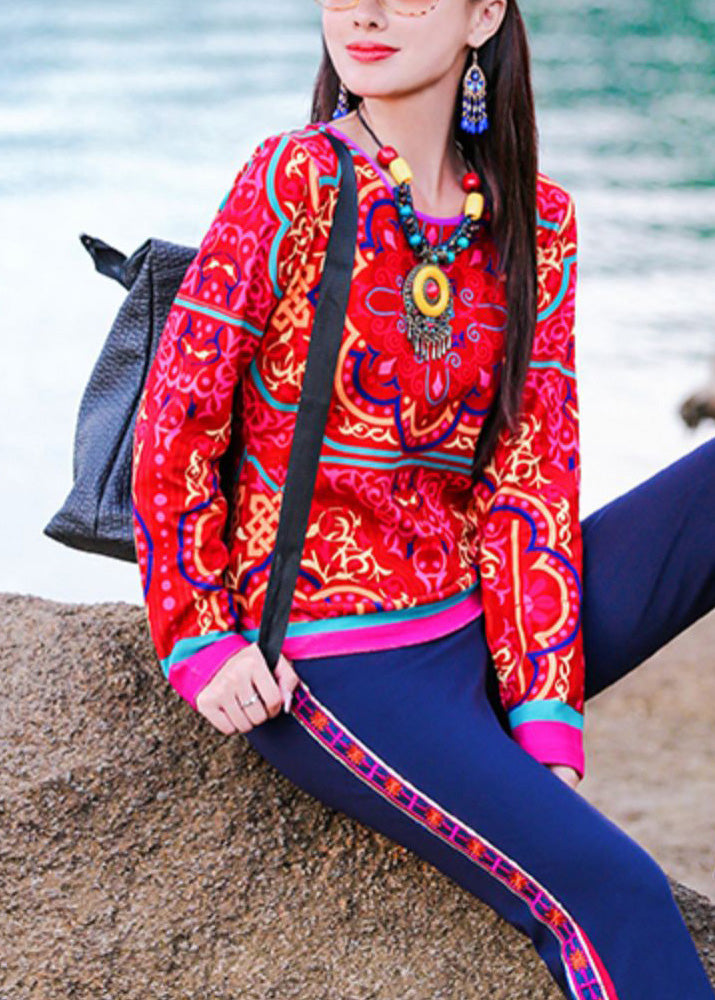 Vogue Red O-neck Print Top Long Sleeve