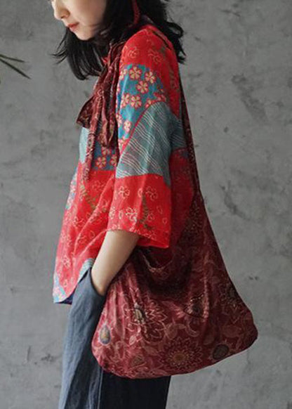Red Stand Collar Print Linen Shirt Bracelet Sleeve