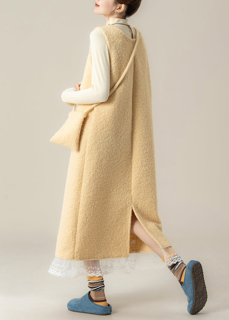 Slim Fit Yellow U Neck Back Side Open Lace Patchwork Woolen Two Pieces Set Spring