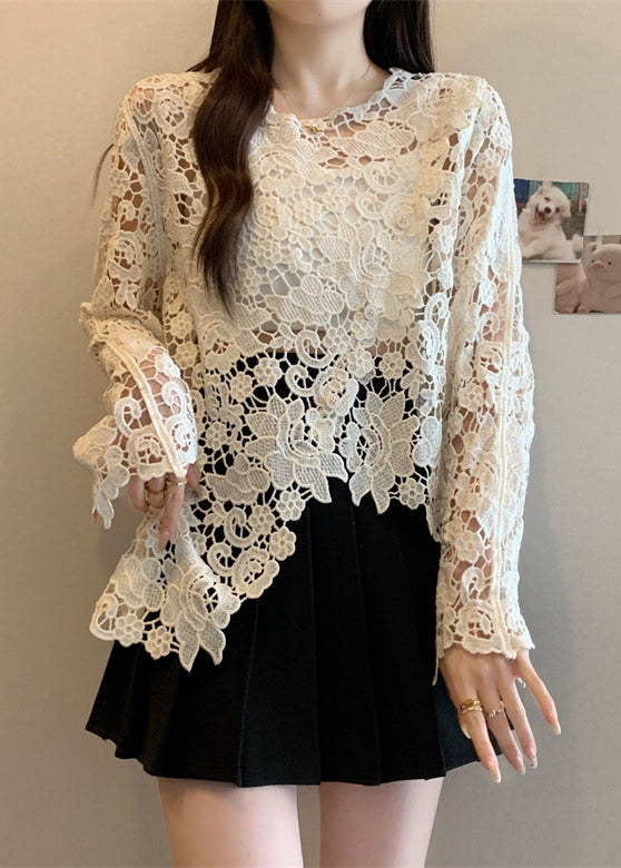 Black O-neck Asymmetrical Lace Upf 50+ Coat Spring