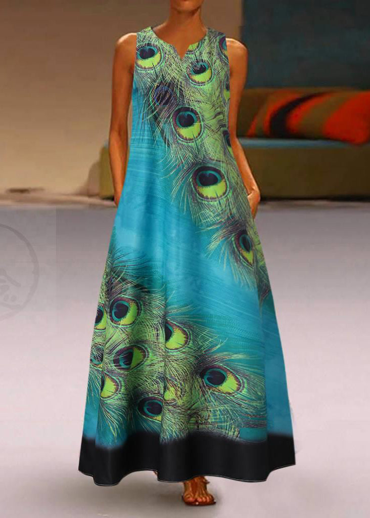 New Summer Green Feather Dress Sleeveless Long Dress