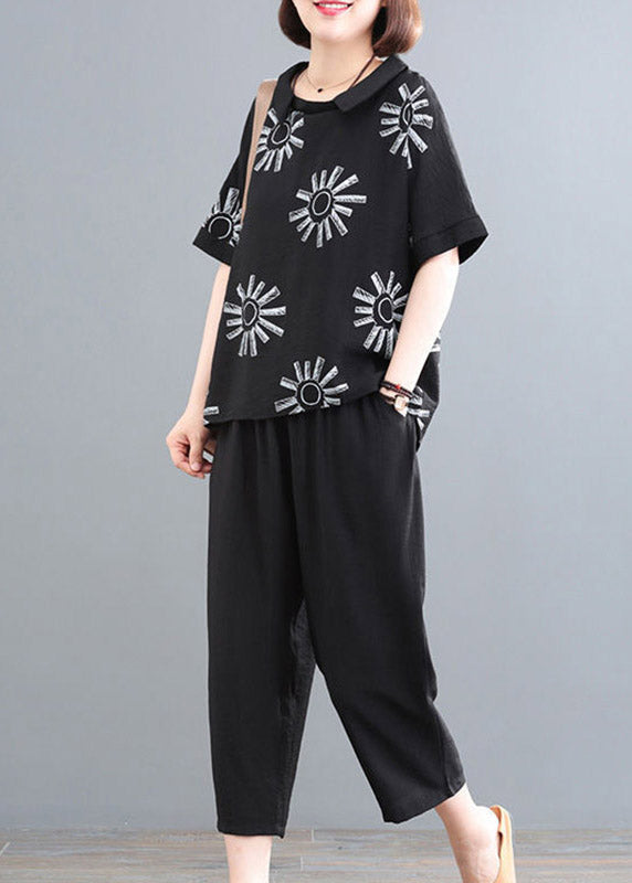 Black Print O-neck Top and Crop Pants Two Pieces Sets Summe