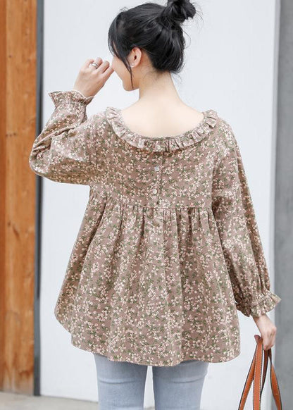 Khaki Ruffled Print Cotton Shirt Tops Long Sleeve Fall
