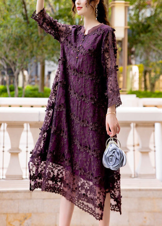 Dark Purple Embroideried Hollow Out Organza Long Dress Spring