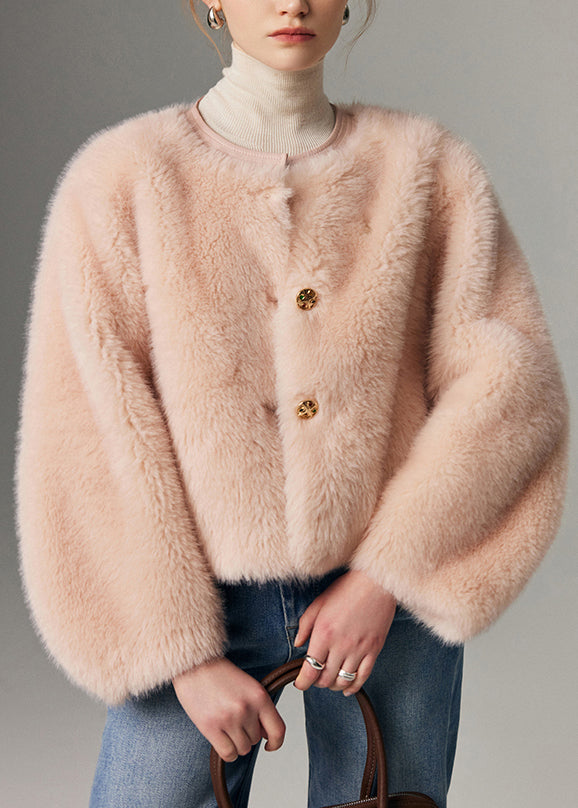Italian Pink O Neck Button Leather and Fur Coat Winter