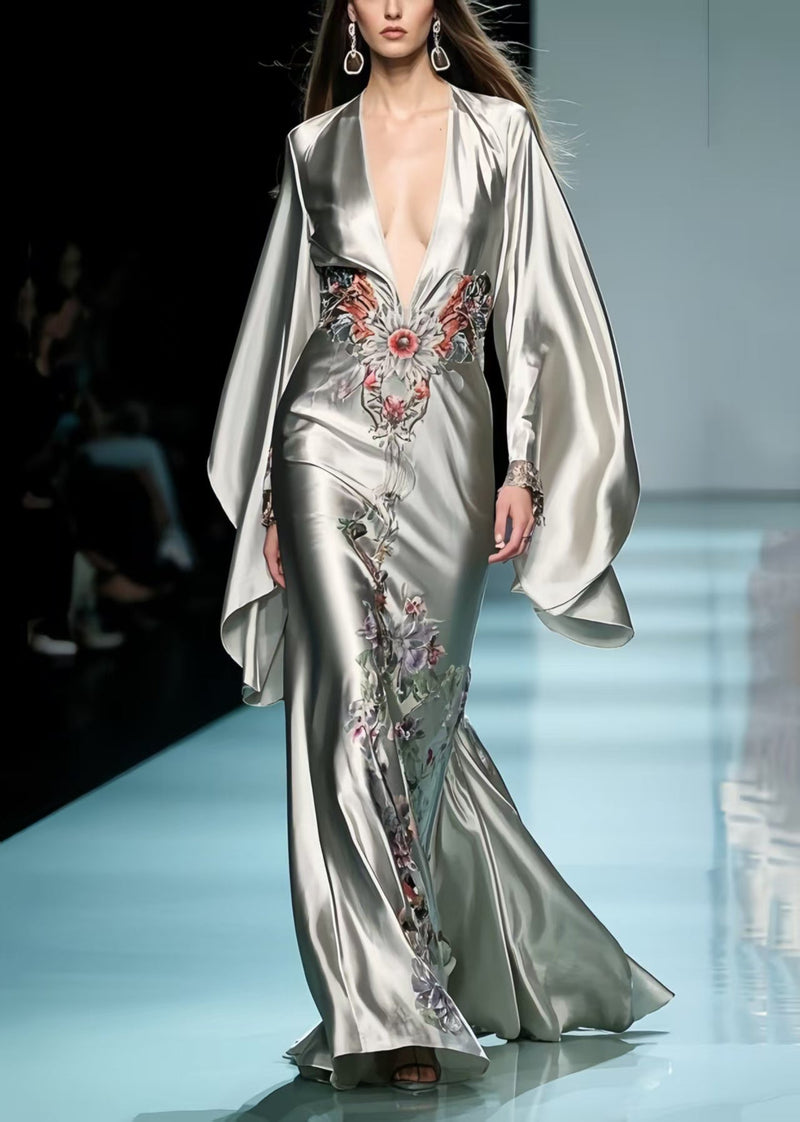 Original Design Grey Deep-v Neck Print Silk Party Dresses Batwing Sleeve Spring