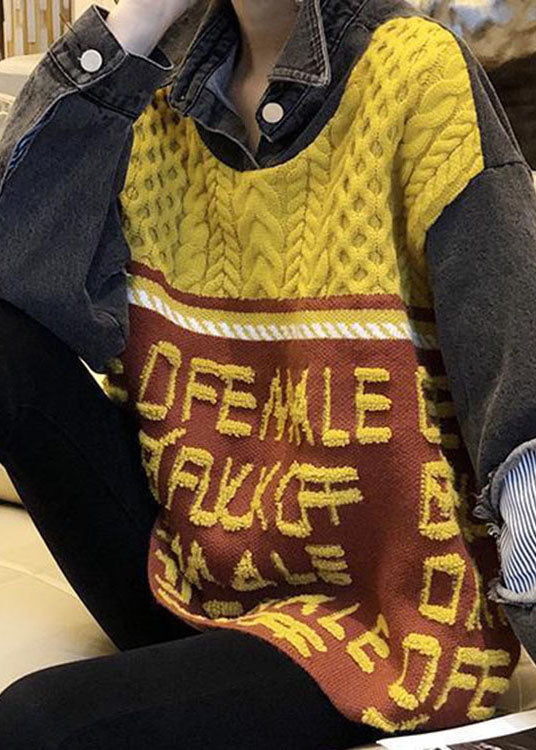 Yellow Denim Patchwork Loose Jacquard Fall Knit Top