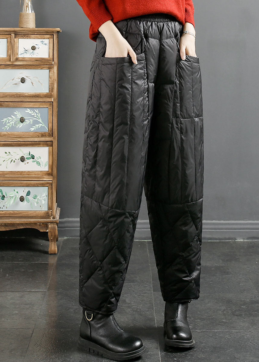 Black Pockets Patchwork Thick Duck Down Filled Pants