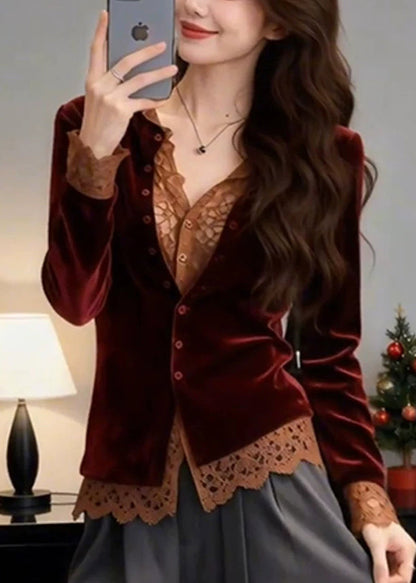 French Mulberry V Neck Lace Patchwork Silk Velour Shirt Spring