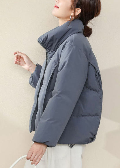 Blue Stand Collar Zip Up Duck Down Jackets Long Sleeve