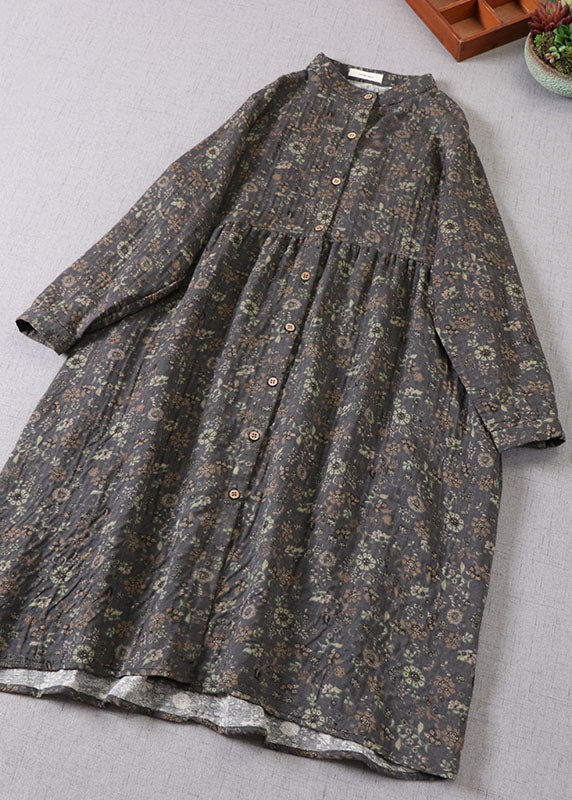 Grey Green Print Cotton Holiday Dress Spring